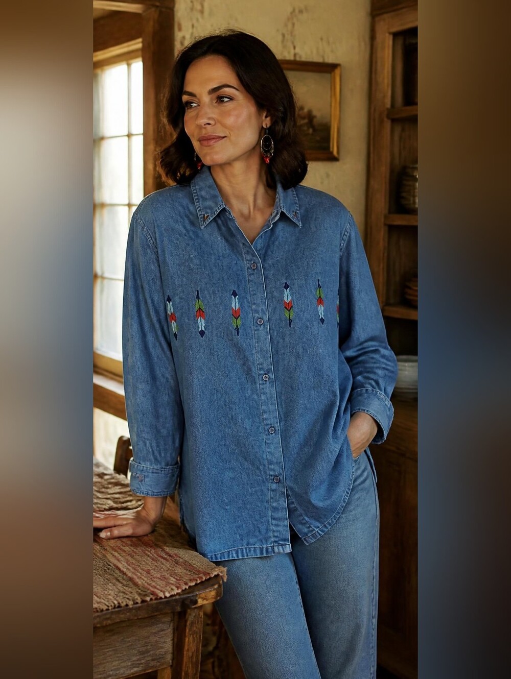 Vintage Denim Southwestern Inspired Embroidered Button Down Shirt